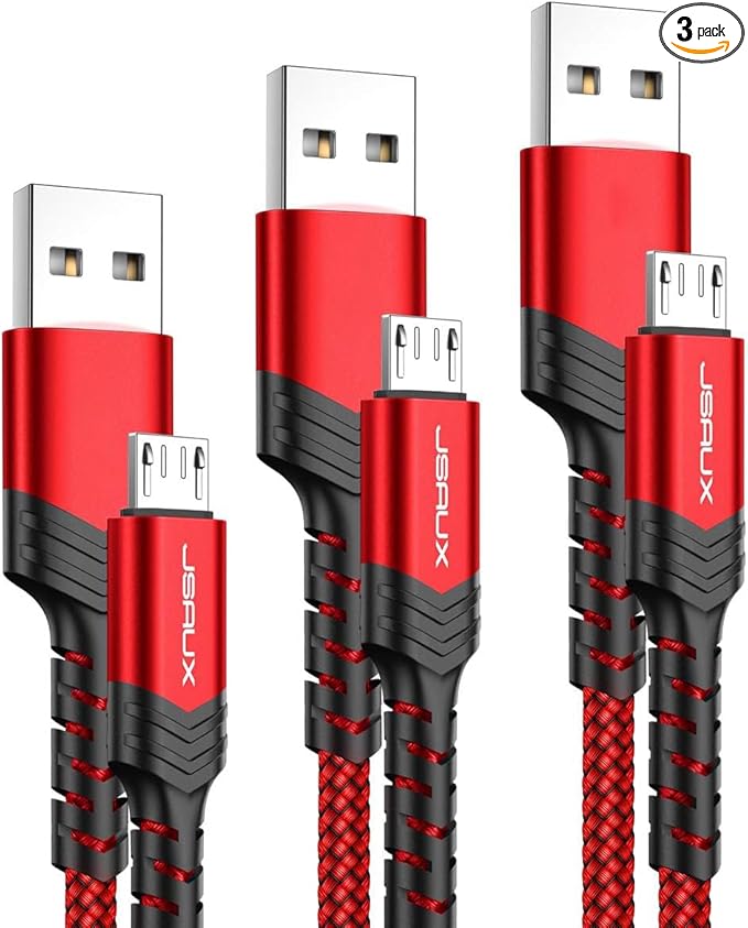 JSAUX Micro USB Charger Cable, (3-Pack 3.3ft+6.6ft+10ft) for Android Charger Micro USB to USB A Nylon Braided Cord Compatible with Samsung Galaxy S6 S7 Edge Note 5, Kindle and More-Red