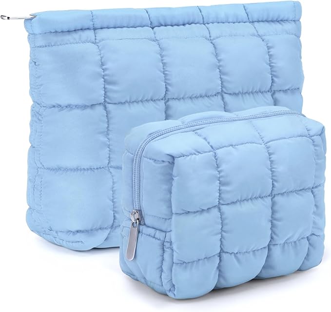 Huhumy 2 Pcs Puffy Makeup Bag Quilted Cosmetic Pouch for Women Cute Checkered Travel Toiletry Bag Puffer Makeup Organizer Purse Pouch Preppy Pencil Case with Zipper(Blue)