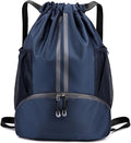 Valleycomfy Sports Drawstring Backpack - Water Resistant String Bag with Side Mesh Pockets Shoe Compartment Gym Backpack for Women & Men Dark Blue