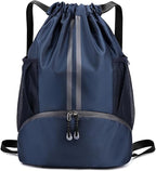 Valleycomfy Sports Drawstring Backpack - Water Resistant String Bag with Side Mesh Pockets Shoe Compartment Gym Backpack for Women & Men Dark Blue