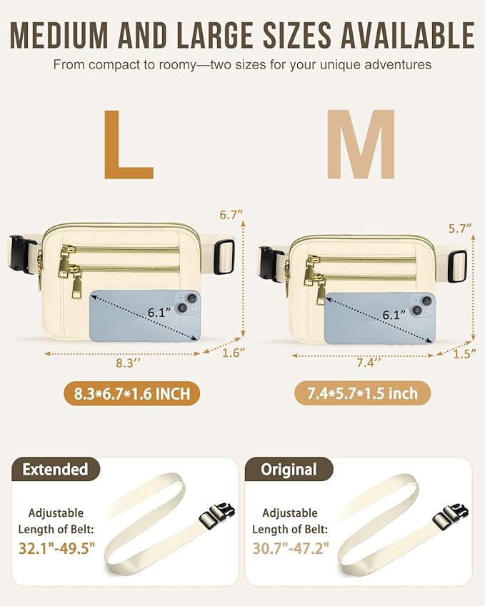 Capolo Fanny Packs for Women Fashion Waist Packs Bag with Adjustable Strap and 4 Zipper Pockets Waterproof Everywhere Crossbody Belt Bag for Workout Running Travelling(Ivory, Large)