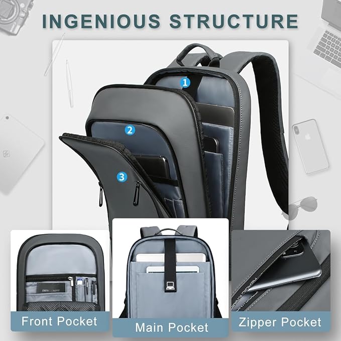 hk Backpack for Men Business Slim Backpack with USB Charger Computer Lightweight Anti-theft Travel (Dark Grey, 17.3 Inch)