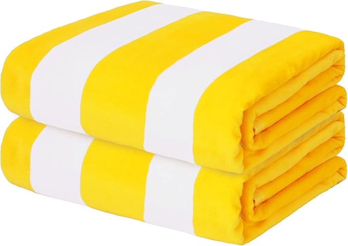 Exclusivo Mezcla 2 Pack Cotton Oversized 35x70 Inches Cabana Stripe Beach Towels, Super Absorbent Soft Plush Pool Bath Towel (Yellow)