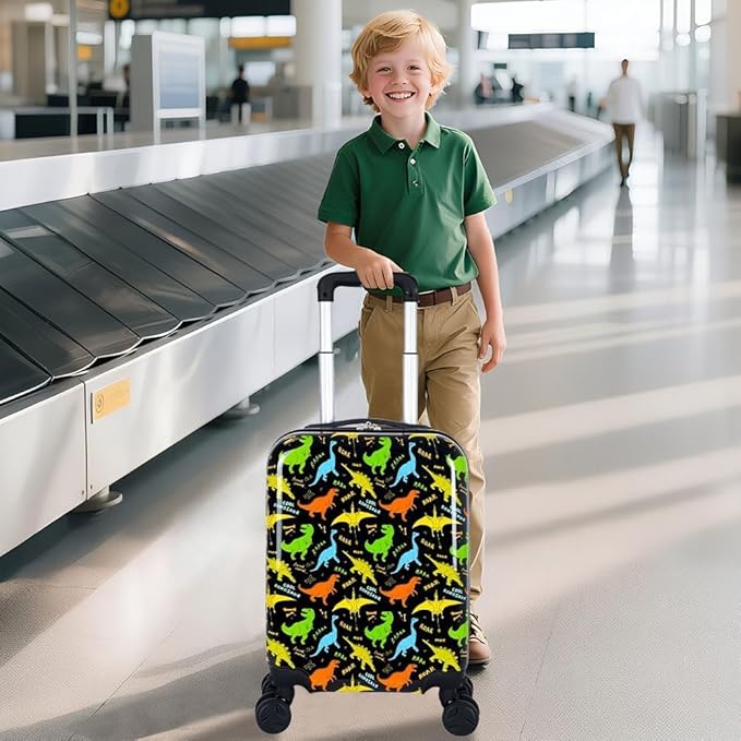 5Pcs Kids Suitcase Set for Boys, 16.5" Hardside Luggage with Spinner Wheels, Dinosaur Travel Carry on Luggage Airline Approved (Black)