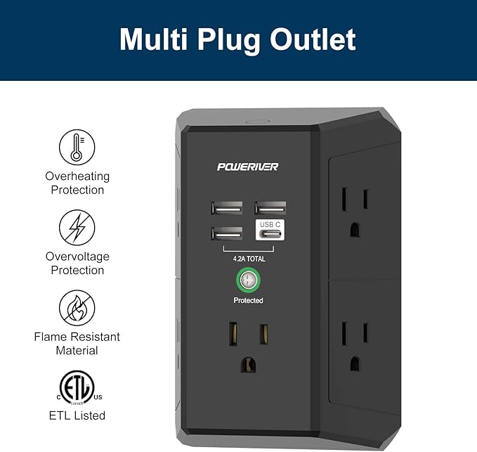 Multi Outlet Extender Surge Protector - POWERIVER Multi Plug Wall Outlet with 5 AC Outlets and 4 USB Ports(1USB C), 1680 Joules, Outlet Splitter for Home School Office, ETL, Black