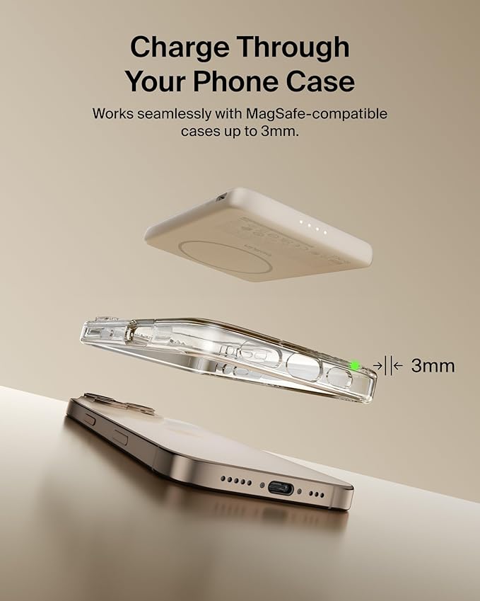 Belkin MagSafe Power Bank 5,000mAh, Ultra-Slim Portable Charger Magnetic Back Supports MagSafe Accessories On-The-Go, Wireless Battery Pack w/USB C Cable for iPhone 17, Pixel 10, Travel - Sand