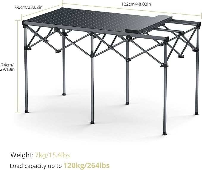 Anbte Heavy-Duty Camping Table, 48” x 23.6” Large Roll Up Camping Table for 6-8 People Support 264lbs with Carry Bag, Waterproof, Portable, for Backyard BBQ Tailgating Picnic Party Indoor, Black
