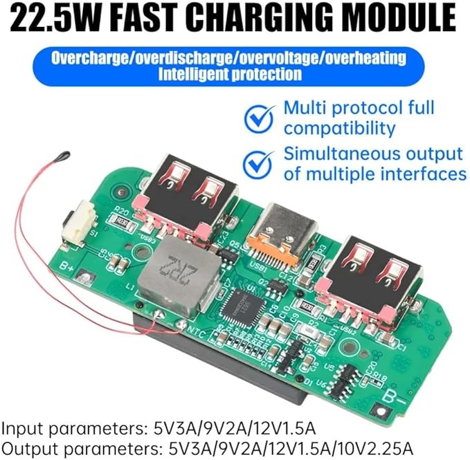 USB 22.5W Fast Charging Step-Down Converter Power Bank Module with PD QC FCP VOOC Protocols Type-C and Dual USB Ports TFT Display Multiple Safety Protection
