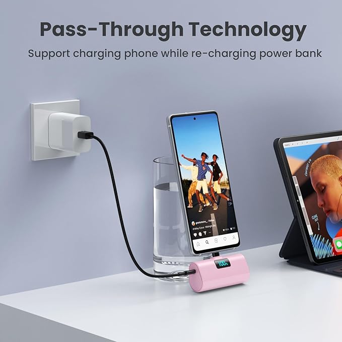 [2-Pack]Portable Charger for iPhone 16/15 Series,5200mAh PD USB C Power Bank Built-in USB-C Connector,Battery Pack Compatible with iPhone 16/16 Plus/16 Pro/16 Pro Max/15 Series,Android (Black+Pink)
