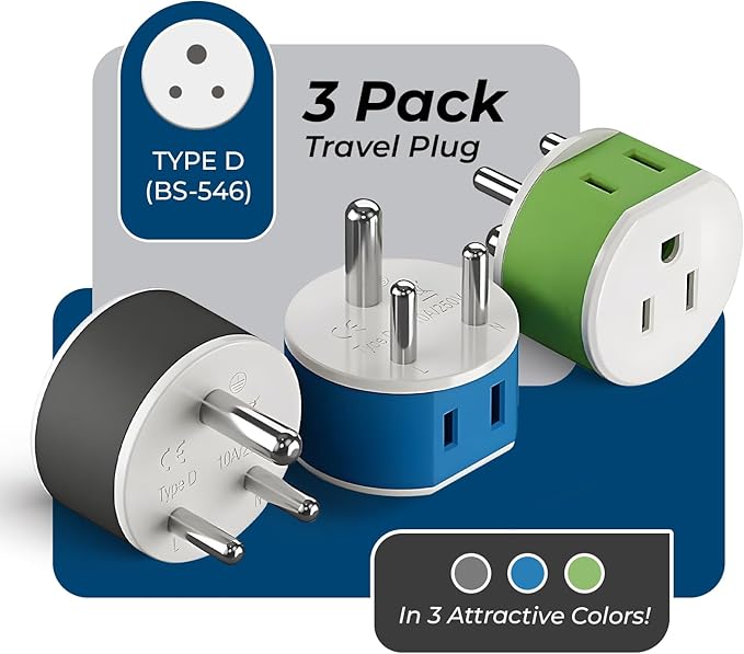 OREI India, Nepal, Maldives Power Plug Adapter with 2 USA Inputs - Travel 3 Pack - Type D (US-10) Safe Grounded Use with Cell Phones, Laptop, Camera Chargers, CPAP, and More