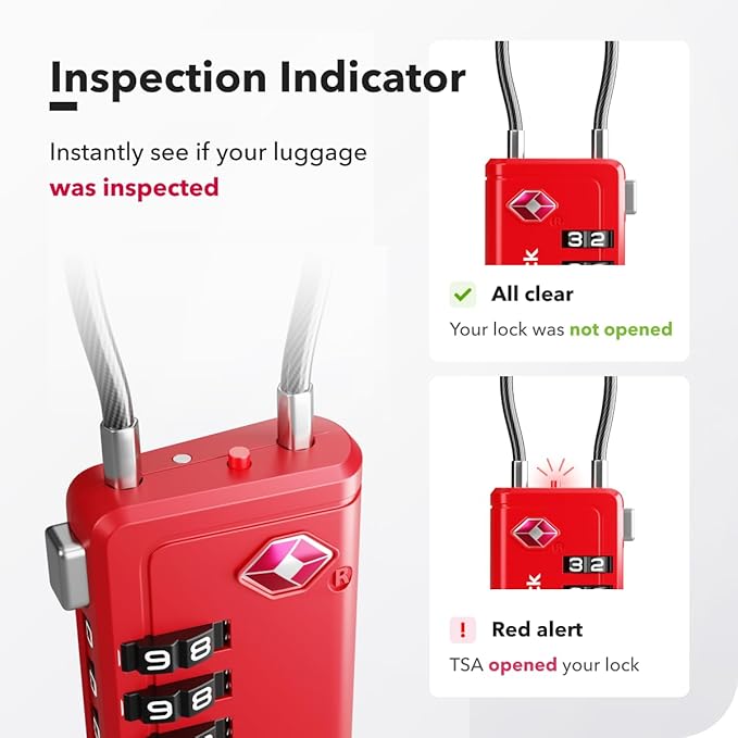 Luggage Locks TSA Approved with Inspection Indicator and Resettable 4-Digit, Easy-to-Read Combination, TSA Locks for Luggage, Suitcases, Backpacks & Travel Bags, Red, 2-Pack