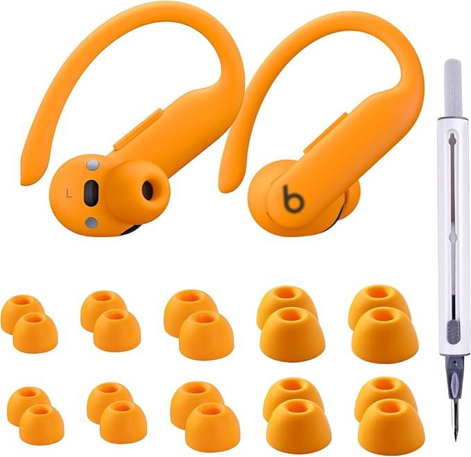 10 Pairs for Beats Powerbeats Pro 2 Ear Tips with Cleaning Kit, Non-Slip Soft Silicone Fit in Case Beats Earbuds Replacement Tips for Beats Powerbeats Pro 2 - Electric Orange