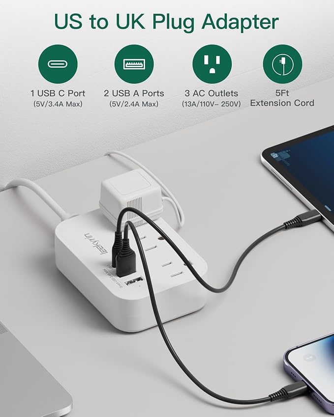 UK Adapters for Travel(13A), US to UK Plug Adapter with 3 Outlets 3 USB Charging Ports (USB-C), Type G Travel Adapter with 3FT Extension Cord, USA to Scotland British London England Irish Dubai