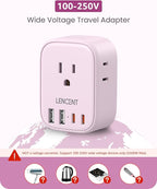 European Travel Plug Adapter, LENCENT US to Europe Type-C Foldable Power Plug with 4 Outlets 4 USB Ports (2 USB C), Power Adaptor for USA to EU Euro Iceland Spain Italy France Germany Greece, Pink