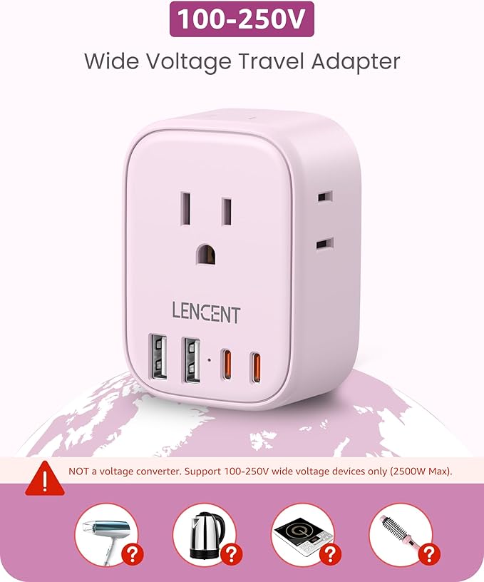 European Travel Plug Adapter, LENCENT US to Europe Type-C Foldable Power Plug with 4 Outlets 4 USB Ports (2 USB C), Power Adaptor for USA to EU Euro Iceland Spain Italy France Germany Greece, Pink