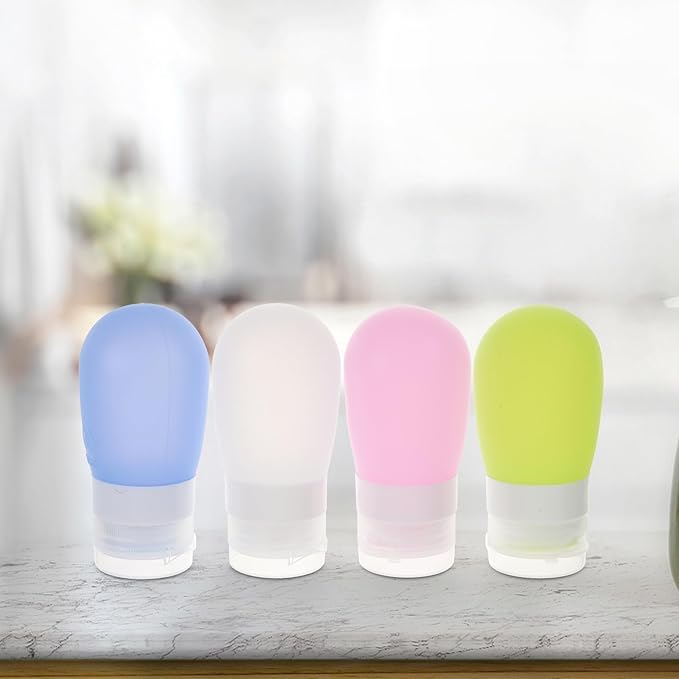 4 Pieces 60ml Travel Squeeze Bottles Set for Shampoo Conditioner Lotion, Leakproof Silicone Travel Containers in White Green Blue Pink, Portable Toiletry Bottles for Tsa Approved