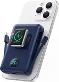 Magnetic Portable Charger for MagSafe with Built-in Cable,iWatch Charger,10800mAh Wireless Power Bank Travel Essentials,25W PD Fast Charging Battery Pack for iPhone 17/16/15/14/13/12,Apple Watch-Navy