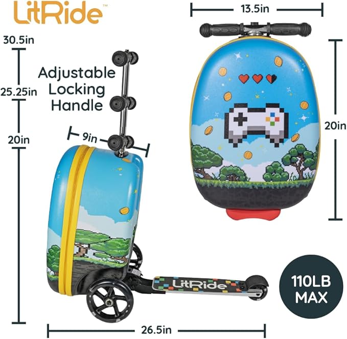 Hardshell Kids Ride-On Luggage with Scooter Suitcase – Carry-On Compliant with LED Light-Up Wheels – Fun and Functional Travel Companion for Children Ages 5–12