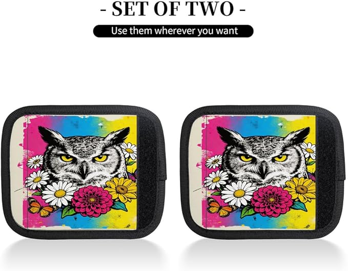 2 Pack Luggage Handle Wrap with Travel Tags - Non-Slip Protective Cover Soft Handle Grips Covers for Suitcase(Graffiti Owl Flowers)