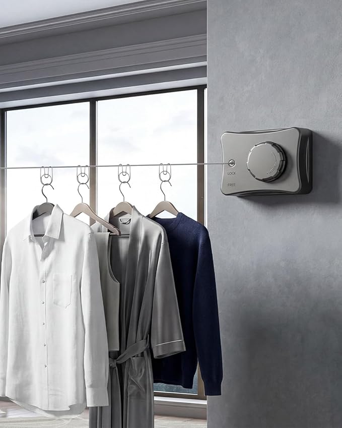 17.7 Ft Retractable Clothesline, Non-Sagging Wall Mounted Laundry Line with 10Pcs Clothespins, Heavy Duty Auto Retracted Indoor Outdoor Clothes Line for Bathroom Balcony Apartment RV Travel, 44LB MAX