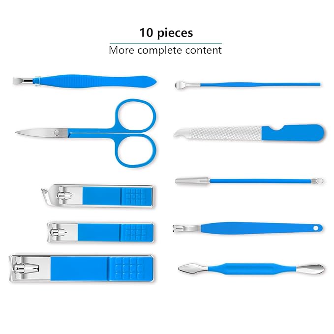 Manicure Set, Travel Mini Nail Clippers Kit Pedicure Care Tools, 10pcs Stainless Steel Grooming kit (Blue)