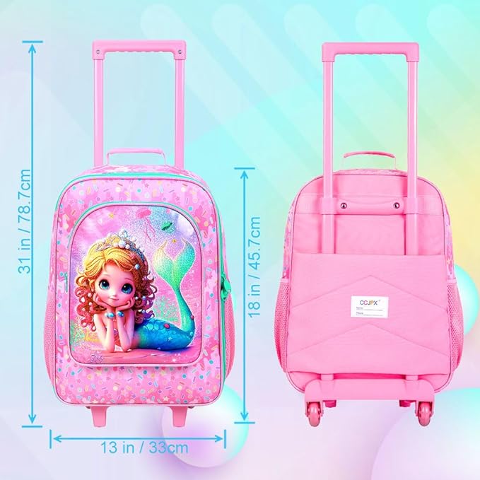 18" Kids Suitcase for Girls, 2Pcs Mermaid Carry on Luggage Set with Wheels, Cute Travel Rolling with 12" Toddler Backpack(Pink)