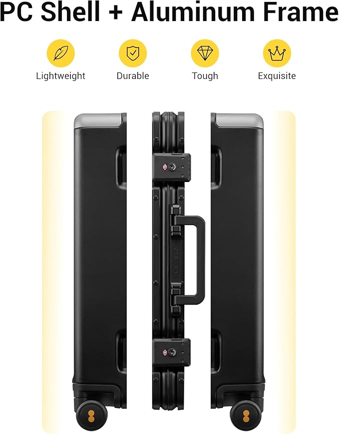 LEVEL8 Zipperless Carry On Suitcase Airline Approved with Aluminum Frame, Hard Shell Luggage with Spinner Wheels, Metal Travel Luggage, 20 Inch, Black