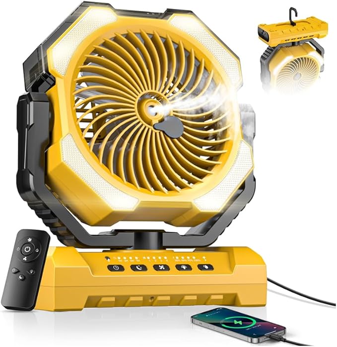 Misting Fan, Portable Camping Fans with 9oz Water Tank, 24000mAh Rechargeable Fan with 4 Speed, Battery Powered Fans with 120H Cooling, Last 5H Mists, 2 Mist Modes, Light, Outside/Summer Essential