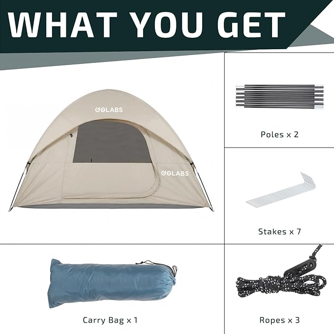 Golabs CT1 2 Person Camping Tent, Easy Set Up in 3 Mins, PU800mm Waterproof w/Mesh Top & Door with Ventilation, Lightweight 4.4lbs Portable Family Tent with Carry Bag &Interior Storage Pockets &Hook