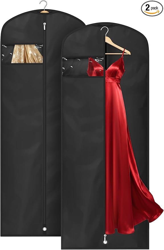 KIMBORA 65" Dress Bags for Gowns Long Garment Bags for Hanging Clothes with Clear Window, Foldable Wedding Dress Cover for Closet Storage and Travel (2 Packs, Black)