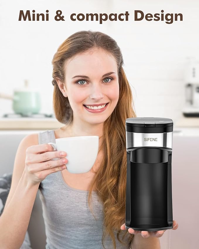 SIFENE Mini Coffee Maker Single Serve, One Cup for K Pod & Ground Coffee, 6 to 12 Oz Brew Sizes, Capsule Coffee Machine with Water Window and Descaling Reminder, Black