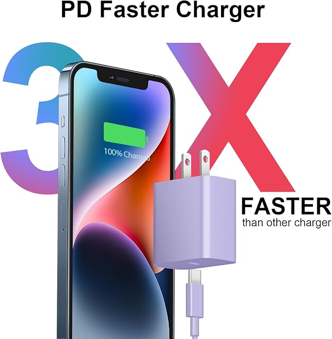 iPhone 17 16 15 Charger Fast Charging 3+3Pack 20W USB C Wall Charger with 6FT Fast Charging Cable Compatible with iPhone 17/17 Air/17 Pro/17 Pro Max/iPhone 16/15 Series, iPad Pro/AirPods -Purple
