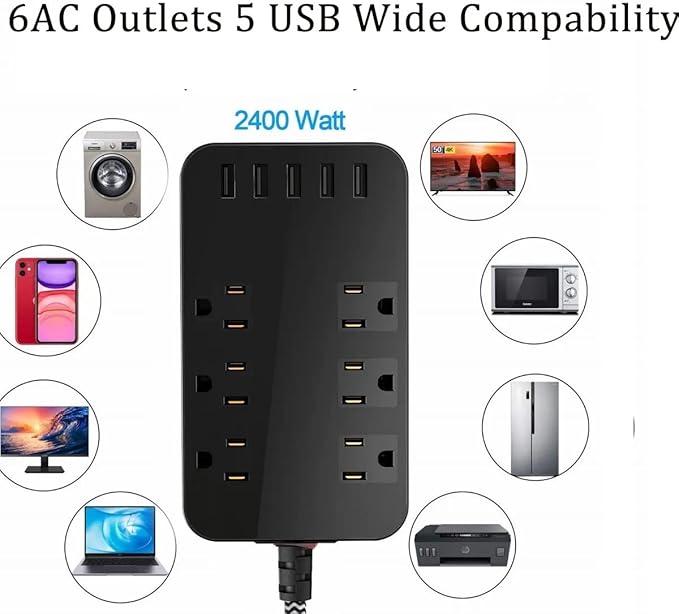 Wall Mount Power Outlet 6 AC Multi-Outlet Extender 5 USB Charging Ports Black Flat Plug 6ft Extension Cord 10A 2500W Compact Plug and Socket Home Office