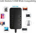 Wall Mount Power Outlet 6 AC Multi-Outlet Extender 5 USB Charging Ports Black Flat Plug 6ft Extension Cord 10A 2500W Compact Plug and Socket Home Office