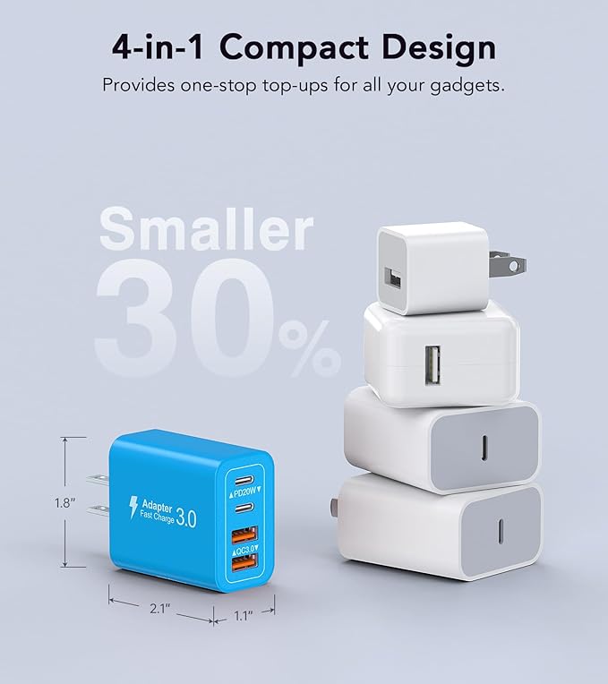 [2-Pack] 40W USB C Charger Block, 4-Port Type C Fast Charging Brick Dual PD&QC Wall Plug Adapter Power Brick for iPhone 13/14/15/16/17/Pro Max Plus/iPad/Airpods/iwatch/Samsung Galaxy (Light Blue)