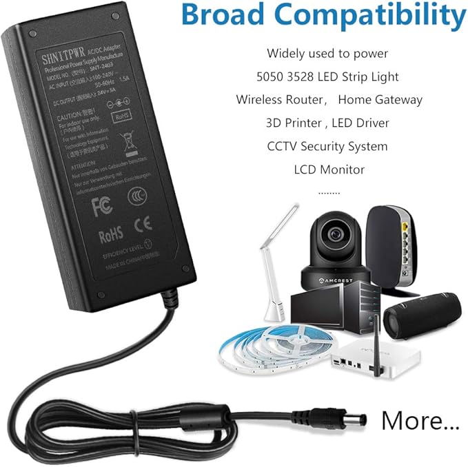 SHNITPWR 24V Power Supply Adapter 24 Volt 3A 72W AC DC Converter, Pack of 2 100V~240V AC to DC 24V 3amp Transformer LED Driver with 5.5x2.5mm Plug for LED Strip Light 3D Printer LCD Monitor Motor