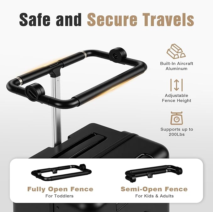 smilesun 20" Adjustable Fence Luggage with Seat, Carry On Suitcase for Kids & Adults, 200lbs Support, 360° Silent Wheels with TSA Lock, Tablet & Cup Holder(Black)