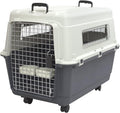 SportPet Airline Compliant LARGE 31.5" Travel Dog Kennel-Durable Plastic Airline Pet Carrier w/ Removable Wheels & Food Bowls, Collapsible Indoor/Outdoor Dog Kennel, Dogs up to 28"L & 20"H-Cream/Gray