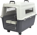 SportPet Airline Compliant LARGE 31.5" Travel Dog Kennel-Durable Plastic Airline Pet Carrier w/ Removable Wheels & Food Bowls, Collapsible Indoor/Outdoor Dog Kennel, Dogs up to 28"L & 20"H-Cream/Gray