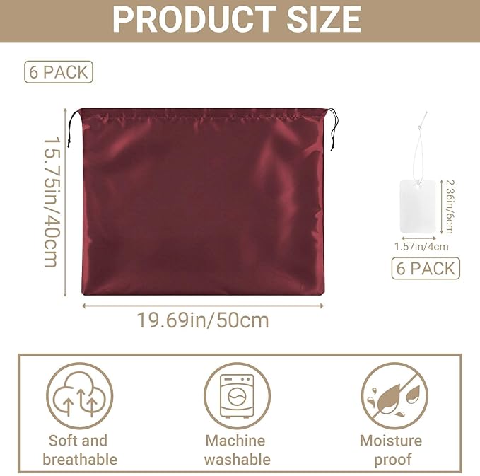 Q&J Fabric Co. 6 Pack Satin Dust Bags for Purses and Handbags - Purse Storage Organizer with Drawstring, Dustproof Travel Storage Pouches for Handbags, Shoes, Boots & Clothes (15.7"x19.7", Burgundy)