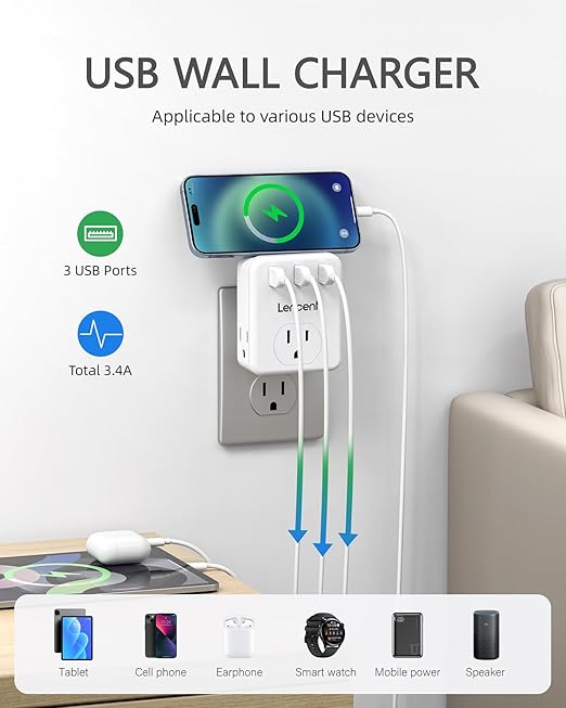 LENCENT Multi Plug Outlet Extender, 2 Pack, 3 Outlets Splitter with 3 USB Ports, USB Brick, Wall Charger, 3 Prong Power Charging Box Expander for Home, Office, Hotel - White
