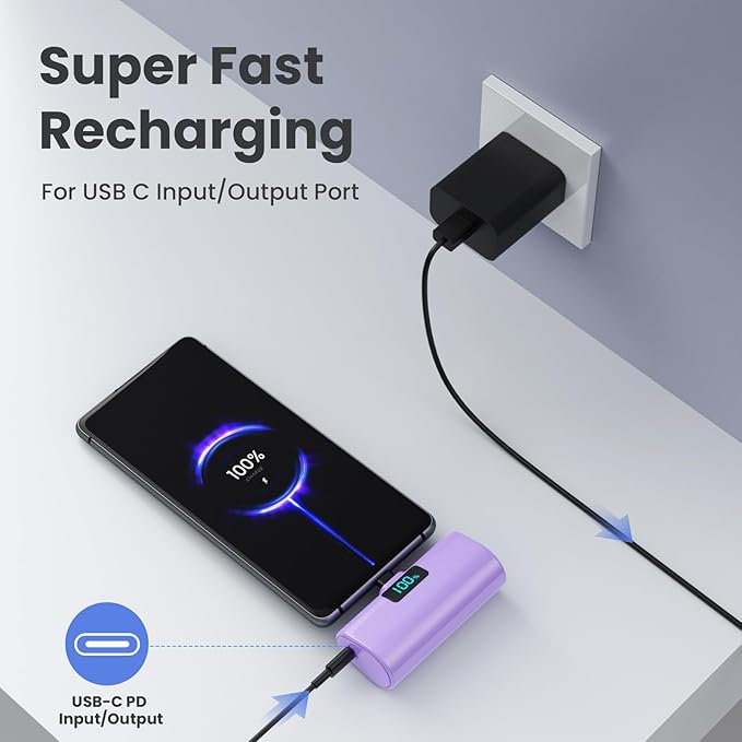[2-Pack]Small Portable Charger 5200mAh, Upgraded PD USB C Power Bank Built-in USB-C Connector,LCD Display Battery Pack Compatible with iPhone 15/15 Plus/15 Pro/15 Pro Max/Samsung Android(Black+Purple)