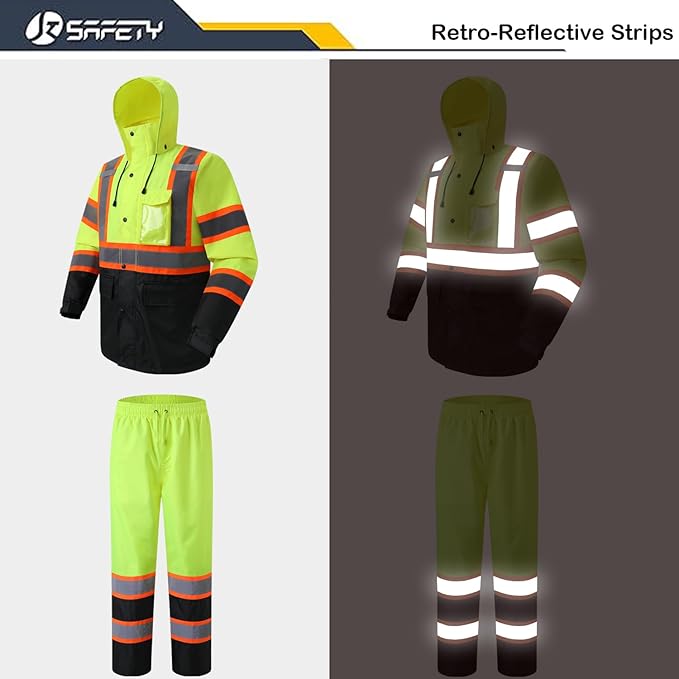 JKSafety Hi-Vis Reflective Safety Rain Jacket and Pants for Men Women Waterproof Rain Gears for Farming Fishing Work HV Rain Suit with Inner Mesh Lining and Pockets (117-Yellow 3XL)