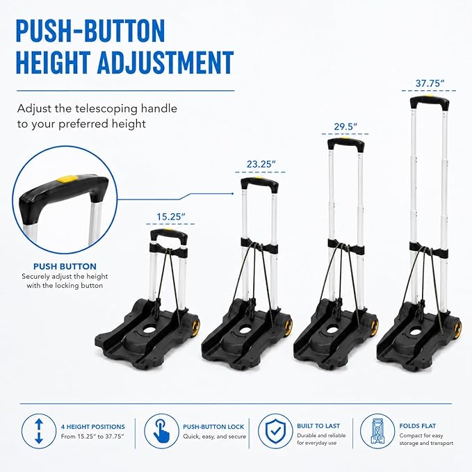Mount-It! Folding Luggage Cart with Wheels, Foldable Hand Truck Dolly Carries 77 lbs, 4 lbs Lightweight, Fits Carry-On, Telescoping Handle, Bungee Cord