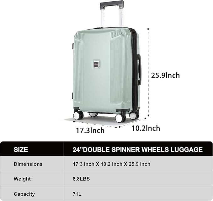 Luggage Sets 3 Piece, Lightweight Expandable PC Hardside Durable Suitcases with Spinner Wheels & TSA Lock, 20/24/28 Inch, Light Green