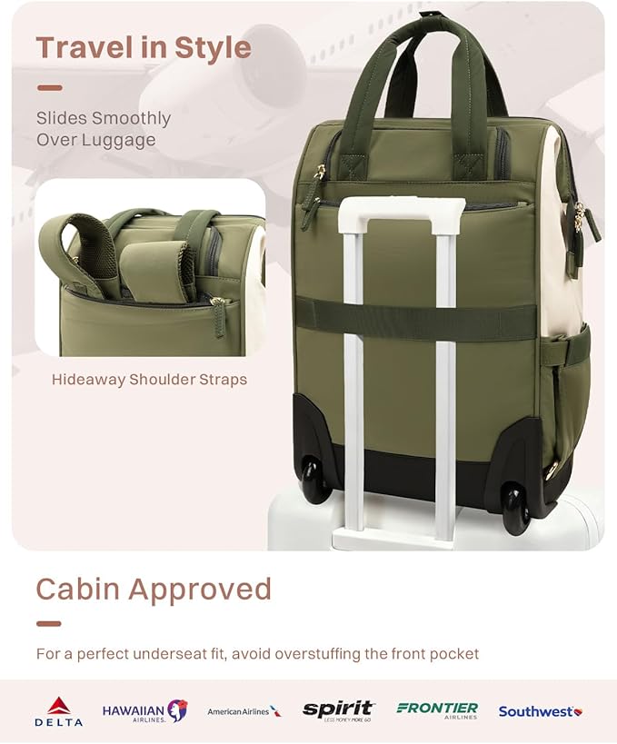 Rolling Puffer Backpack for Women, Travel Backpack with Wheels, 16 Inch Wheeled Laptop Backpack, Dual-Opening Design Overnight College Underseat Carry on Luggage, Roller Business Work Bag, Green
