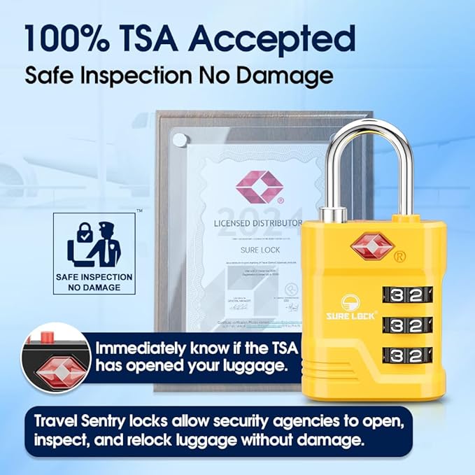 SURE LOCK TSA Approved Luggage Lock – 3-Digit Resettable Combination Padlock with Open Alert Red Dot, Large Easy-Read Dials for Suitcases, Backpacks, Gym & School Lockers(Yellow 4 pk)