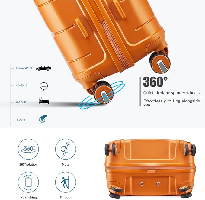 Somago Luggage Sets 3 Piece Hard Shell Polypropylene Suitcase with TSA Lock Spinner Carry On Luggage with Beauty Case Travel Set,Sunset Orange