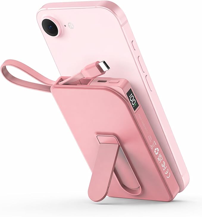 for Magsafe Battery Pack, Magnetic Power Bank with Stand, 10000mAh Wireless Portable Charger Fast Charging with Built in Cable(USB C), Powerbank for iPhone17/16/15/14/13/12 Travel & Daily, Pink