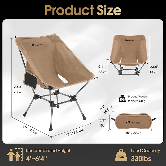 MOON LENCE Portable Camping Chair Plus, Larger & Roomier, Compact and Lightweight Still, Folding Chair for Backpacking & Hiking, 330Lbs Capacity (Desert Rust)